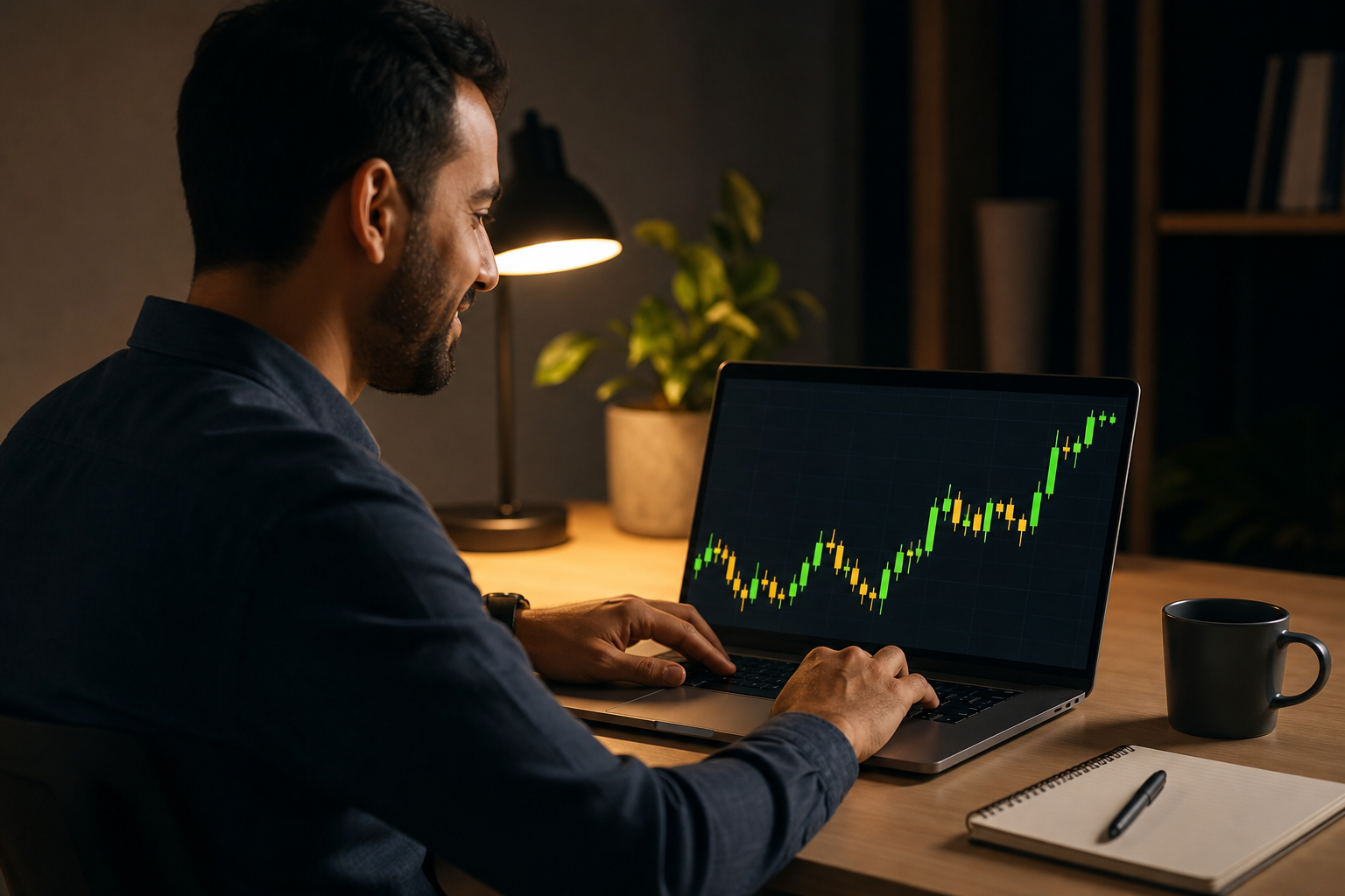 Pessoa acompanhando o gráfico no computador, em um ambiente de trabalho calmo